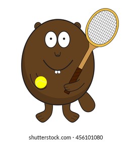 Little beaver holding tennis racket and ball