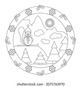 Little beaver at the top of the mountain. Decor with holly and snowflake. Christmas mandala. Vector illustration