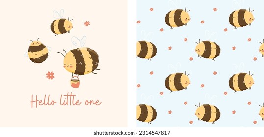 LITTLE BEE - abejas lindas con miel, patrón sin semilla, ilustración vectorial, flores, puerco, niño, fiesta de jardín, animales de dibujos animados, colección de bebés, ropa, camisetas, envoltura, tela, textiles, bebé 