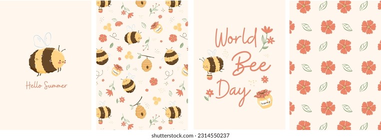 LITTLE BEE - Cute cards, invitations, garden party, baby shower, semless pattern, vector illustration, baby collection, kid, childish, baby clothes, textile, wrapping, fabric, wallpaper, paper, design