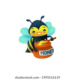 Little bee cute cartoon character with jar of honey, flat vector illustration isolated on white background. Funny honeybee personage producing honey for prints and packs.