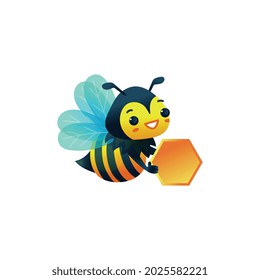 Little bee cute cartoon character with cell of honeycomb, flat vector illustration isolated on white background. Flying friendly honeybee bringing honey.