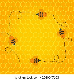 Pequeña abeja dibujando sobre líneas punteadas en la trayectoria de vuelo sobre el fondo hexágono de abeja en patrón y fondo.