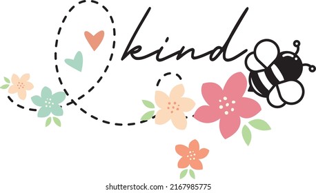 Little bee flying with colorful flowers on a white background
