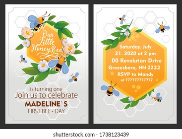 Little bee girl birthday party invitation with decor vector illustration. Yellow honeycomb with bees and leafs flat style. Fun and joyful event concept. Address information. Isolated on dark