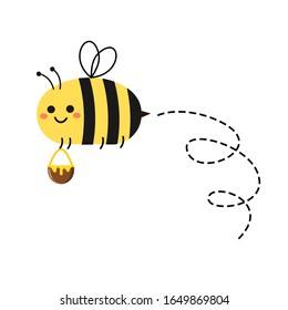 Little bee holding honey bucket isolated on white background vector illustration. Cute cartoon character.