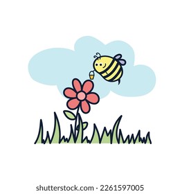 A little bee with a honey bucket and a flower. Cute, cartoon, flat illustration. Spring.