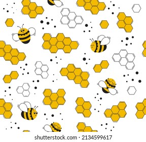 Little bee honeycomb and on white background. Beautiful seamless pattern with honey bees. Lovely vector illustration. Perfect for kids fabric, textile, wrapping.