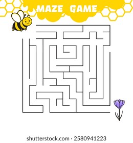 the little bee is looking for the way to the spring flower, maze game for pre-school children, vector cartoon