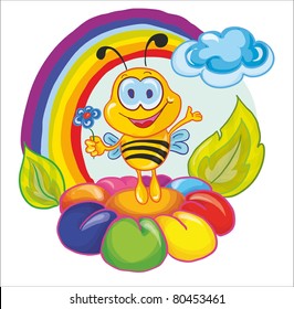 little bee on the flower under the rainbow