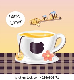 The little bee poured honey over the teacup. Lemon honey helps to fight colds. good for health.