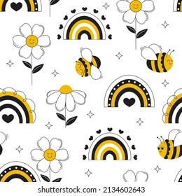 Little bee, rainbow and flower on white background. Beautiful seamless pattern with honey bees. Lovely vector illustration. Perfect for kids fabric, textile, wrapping.