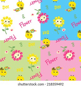 Little bee watering flowers with a watering can vector.