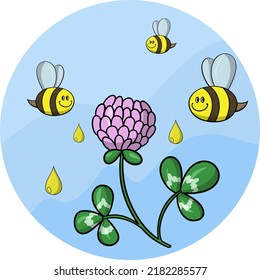 Little bees collect nectar from pink clover flower, round card postcard, cartoon-style vector on colored background