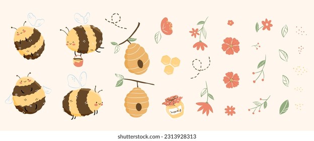 Little Bees cute funny kawaii style flat Vector illustration elements for decorating baby kids illustration, cliparts for cards, patterns, wallpaper, wrapping, web, sticers, invitation, poster