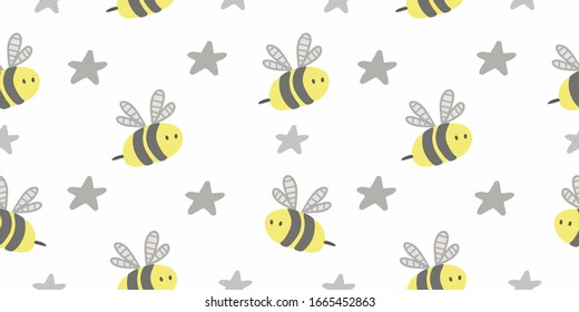 Little bees and stars, cartoon. Seamless vector texture on a white background. Vector illustration. For printing on children's clothing, for packaging honey. Logo for food.
