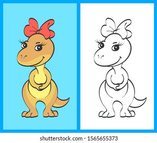 Little beige cute dinosaur girl with a red bow on her head. The second picture with a contour for coloring. Vector illustration for children