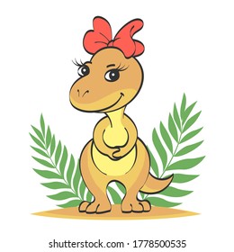 Little beige cute dinosaur girl with a red bow on her head. The second picture with a contour for coloring. Vector cartoon illustration for children.