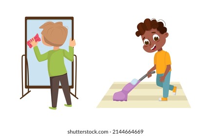 Little Big-eyed Boy Cleaning Mirror and Vacuuming Floor Vector Set