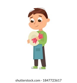 Little Big-eyed Boy Drying Washed Dishes with Cloth Vector Illustration