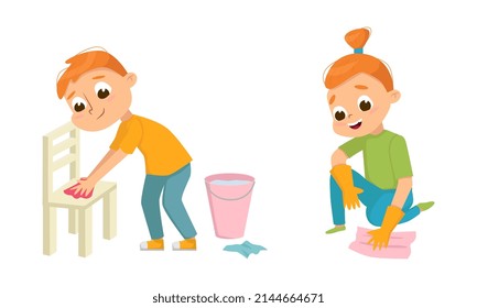 Little Big-eyed Boy and Girl Dusting Chair and Floor with Wet Cloth Vector Set