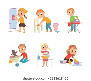 Little Big-eyed Boy and Girl Engaged in Domestic Chores Vector Set