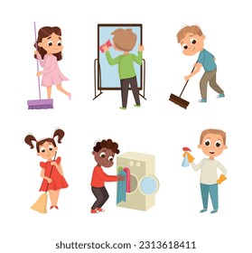Little Big-eyed Boy and Girl Engaged in Domestic Chores Vector Set