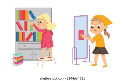 Little Big-eyed Girl Cleaning Mirror and Arranging Books on Shelf Vector Set