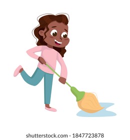 Little Big-eyed Girl Mopping the Floor Vector Illustration