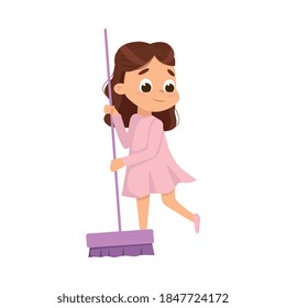 Little Big-eyed Girl Mopping the Floor Vector Illustration