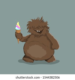 Little bigfoot in cartoon style. Brown yeti with ice cream. Isolated image of fantasy forest monster. Vector illustration