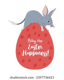 Little bilby animal on Easter egg. Australian Animal - Cute Wild Mammal. Easter greeting card. Vector illustration in flat cartoon style