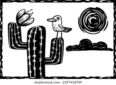 pequeño pájaro en un cactus en la parte trasera. Vectores separados con estilo de leña