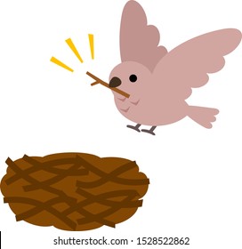 Little bird carrying a branch to the nest