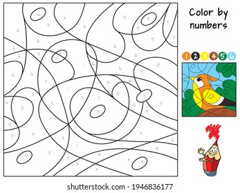 Little bird. Color by numbers. Coloring book. Educational puzzle game for children. Cartoon vector illustration