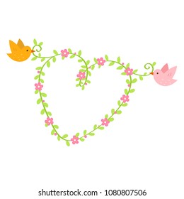 Little bird couple with flower heart garland