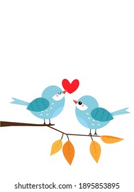 Little bird couple with heart on tree branch icon isolated on white background vector illustration. Valentine's elements. 