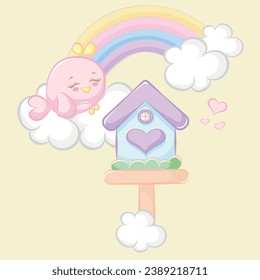 Little bird, cute birdhouse, rainbow cand collor, clouds and heart