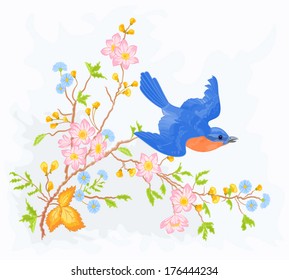 Little bird in flight in a flower bush vector illustration