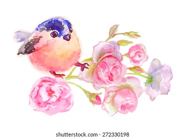 Little bird with flowers. Isolated