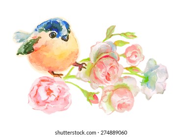 Little bird with flowers. Isolated