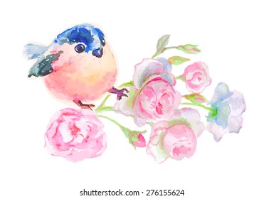 Little bird with flowers. Isolated