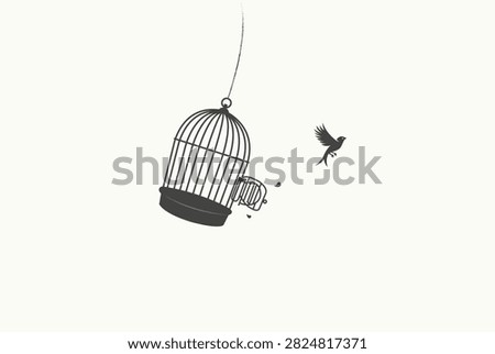 A little bird flying out of open birdcage, freedom motivational concept.