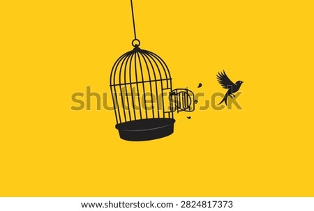 A little bird flying out of open birdcage, freedom motivational concept.