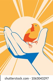 little bird in hand. vector flat illlustration