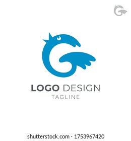 Little bird initial letter G logo concept, simple flat cute animal cartoon logo style, blue color on white background