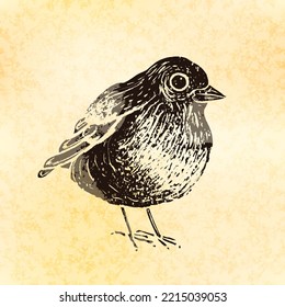 Little bird in linocut retro style, vintage silhouette of bird on old paper