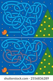 Little bird on Christmas Eve decorating Christmas tree maze for kids with a solution