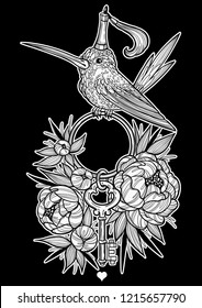 Little bird in the peonies.  Isolated on white background. Vector illustration. Fantasy art, beauty, boho style stickers, coloring books.
