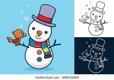 Little bird perch on snowman's hand. Vector cartoon illustration in flat icon style